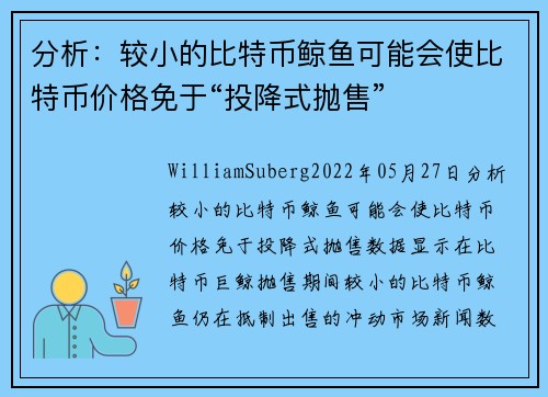 分析：较小的比特币鲸鱼可能会使比特币价格免于“投降式抛售” 